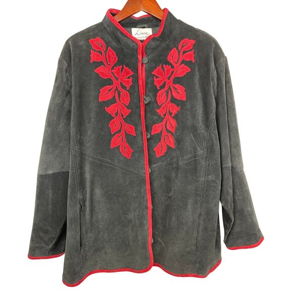 Womens Suede Jacket Black Red Floral Medium Linea by Louis Dell’Olio - Picture 1 of 12